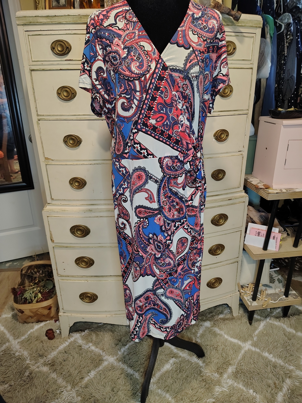 George Paisley Wrap-Style Midi Dress in Blue, Pink & White